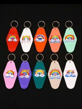 Handmade Rainbow Motel Keychain Set of 10 UV Resin Sealed DTF Cloud Charms